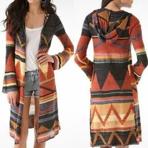 Free People Aztec Maxi Cardigan Hooded Multicolor Cotton Linen Blend Large Boho